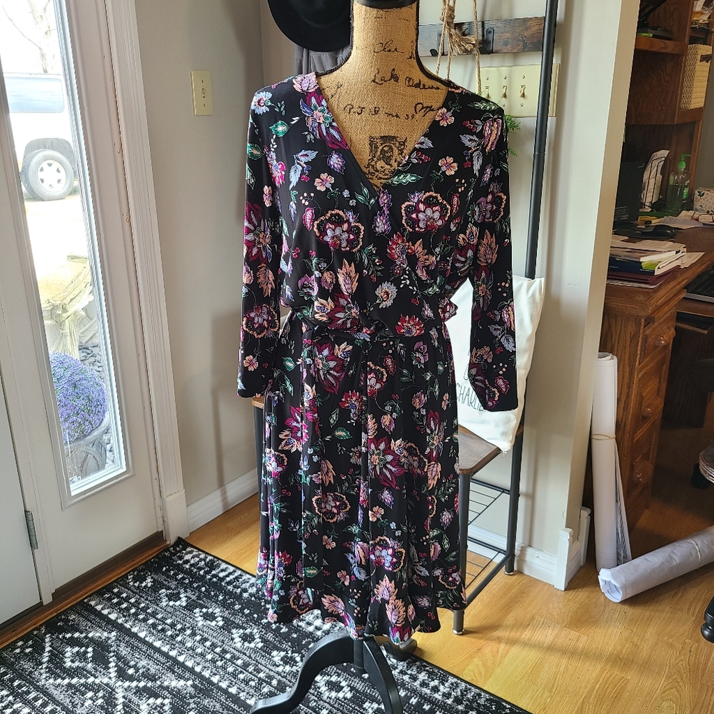 Black floral faux wrap dress